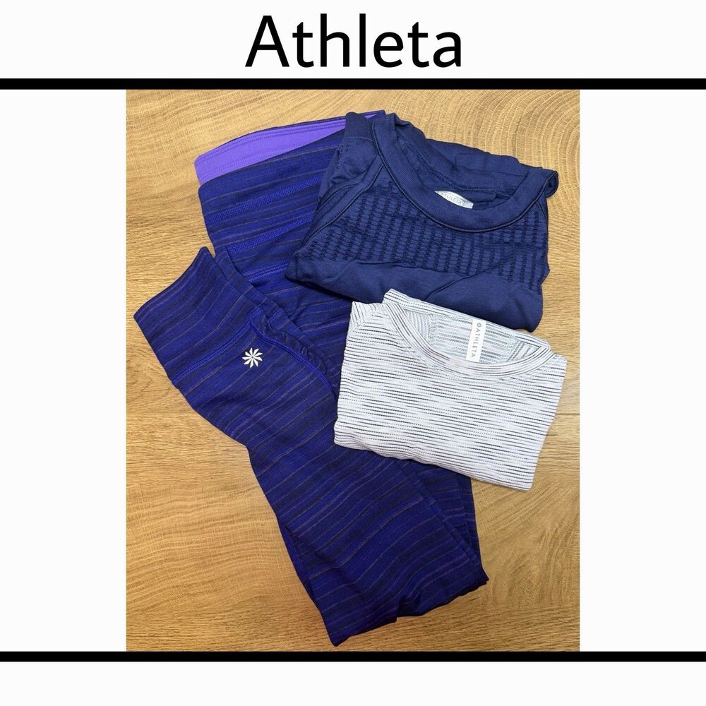 Athleta 3Pc Lot Small 1 Pair Leggings Purple Blue Striped 2 Tops Gray / Blue